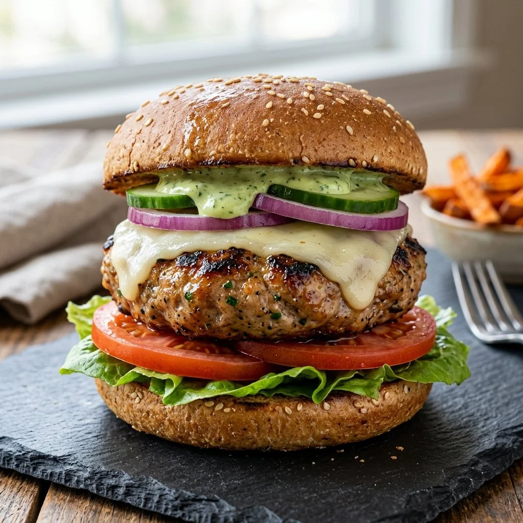 Healthy turkey burgers served with fresh toppings and whole grain bun
