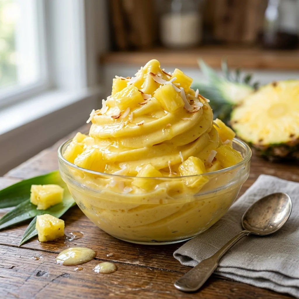Delicious homemade Dole Whip served in a bowl with a cherry on top