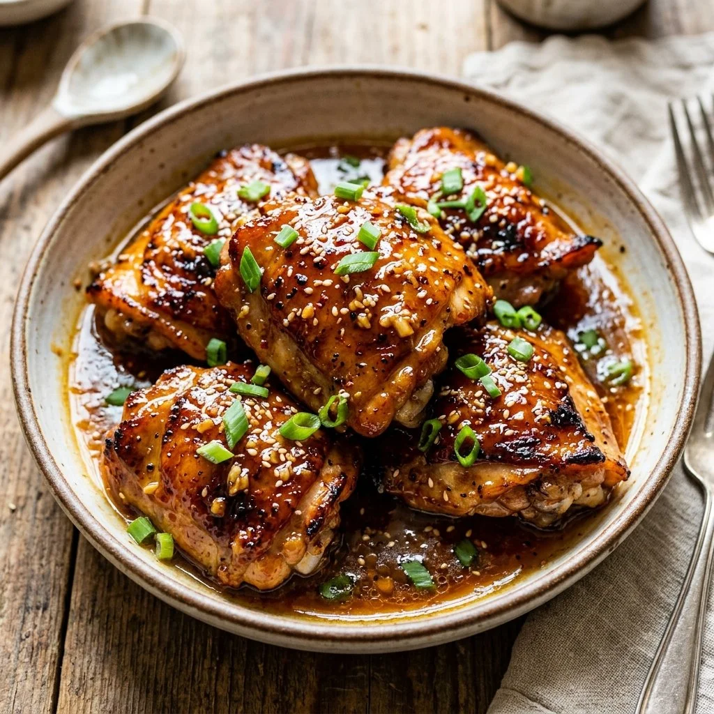 Delicious Honey Garlic Chicken Thighs served with vegetables