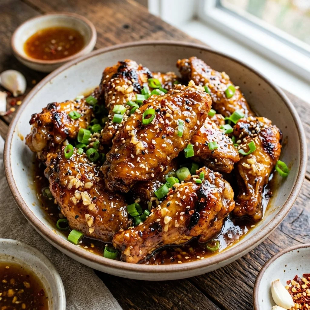 Delicious Honey Garlic Chicken Wings glazed with sweet garlic sauce