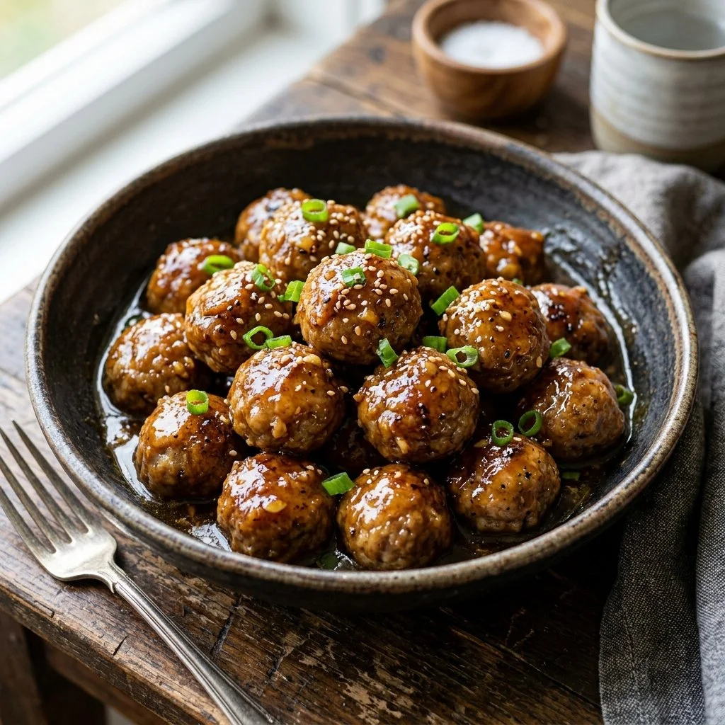 Plate of delicious honey garlic meatballs served with fresh herbs