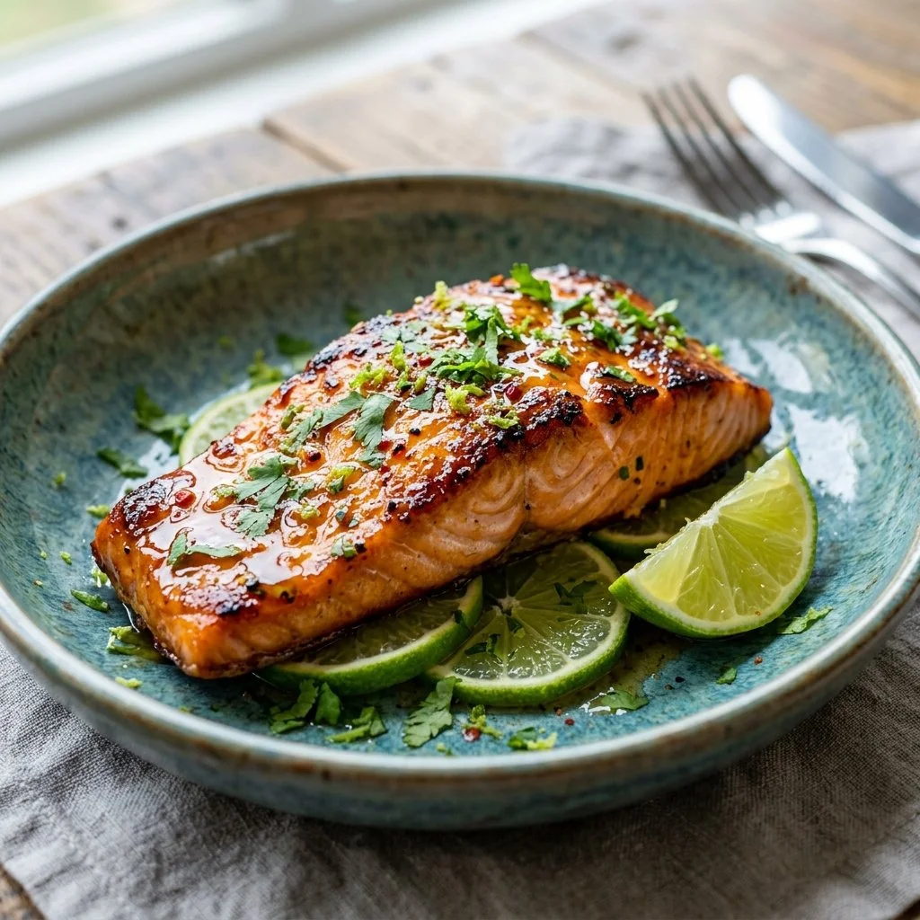 Grilled honey lime salmon garnished with lime slices and herbs