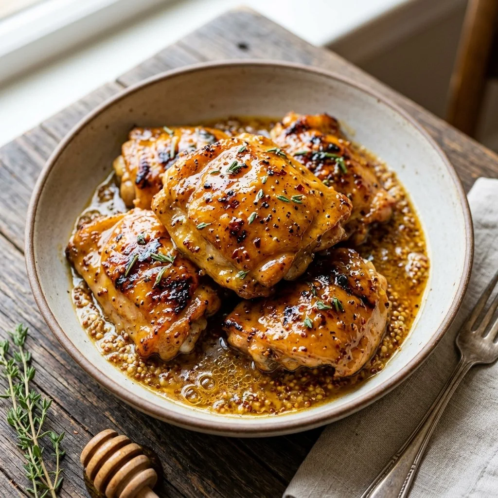 Delicious honey mustard chicken served on a plate with garnishes
