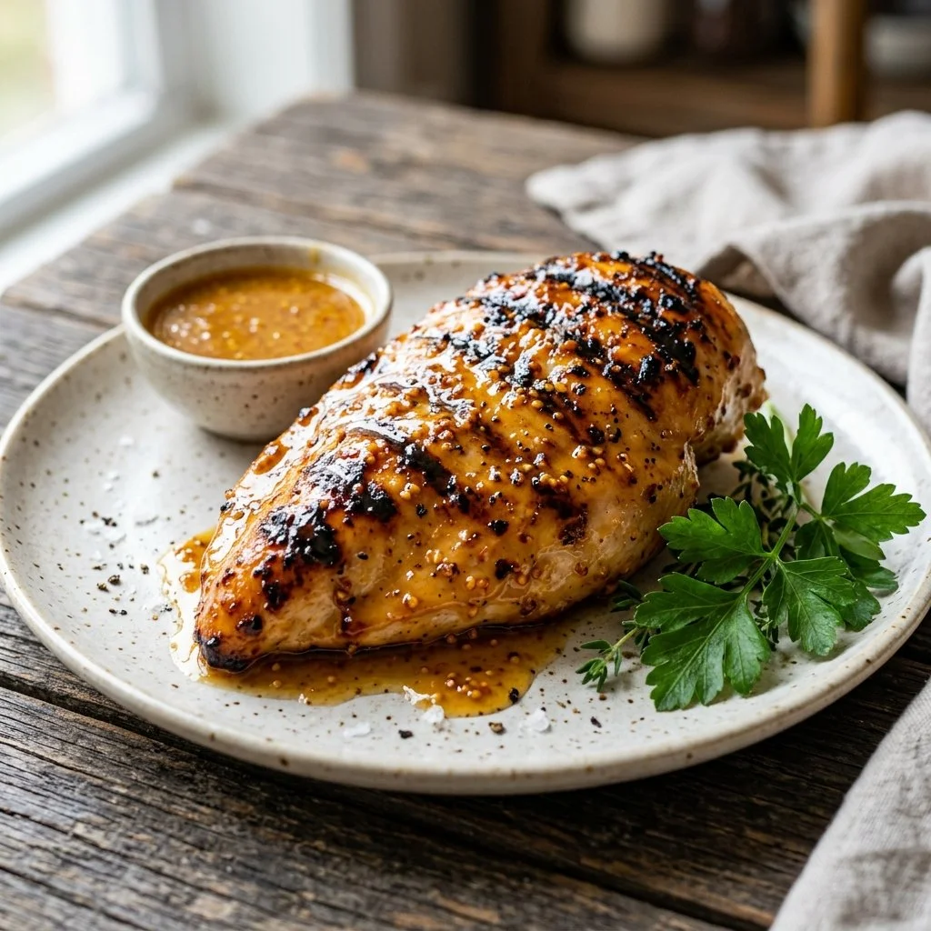 Honey Mustard Grilled Chicken on a plate with herbs and grilled vegetables