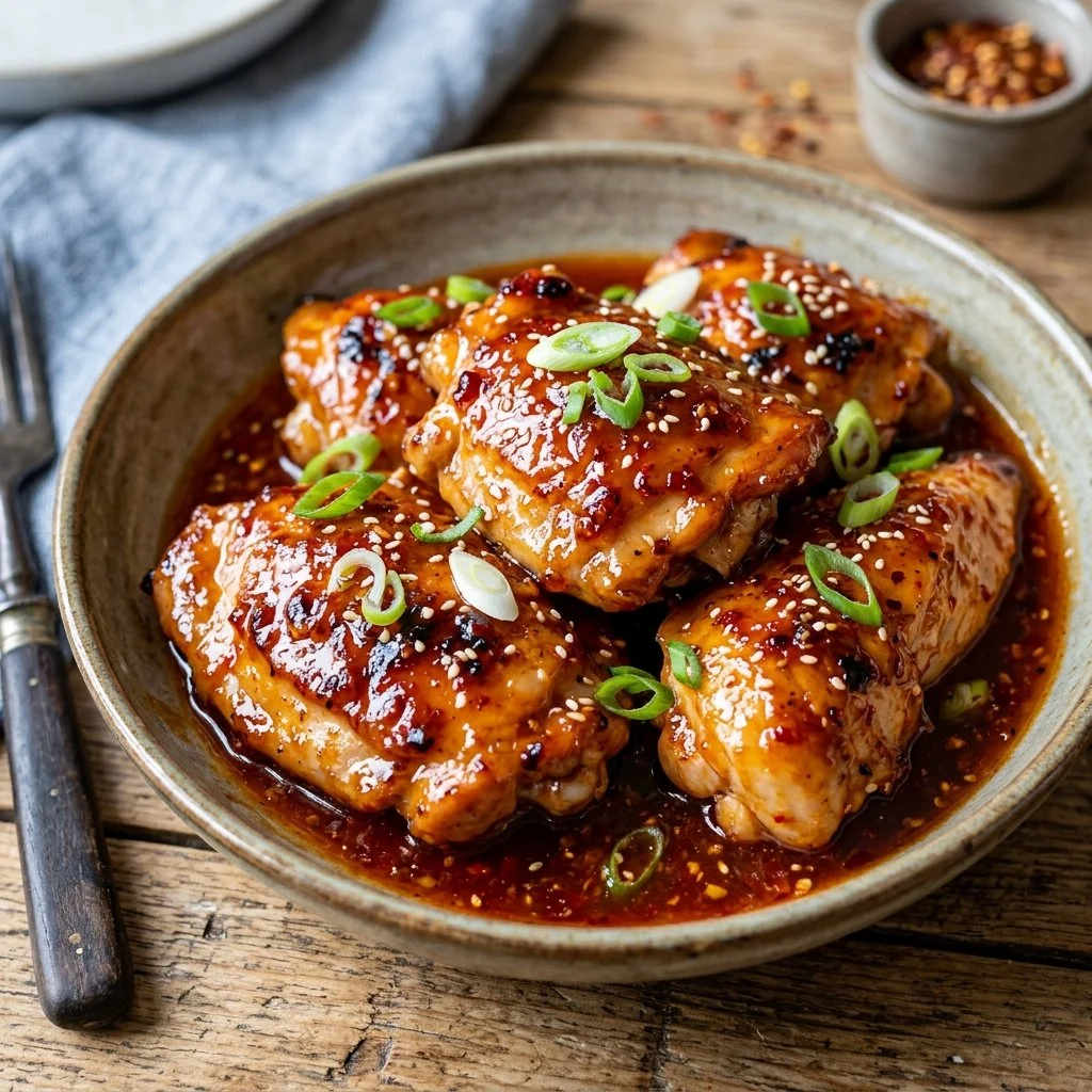 Plate of Honey Sriracha Chicken garnished with green onions and sesame seeds.