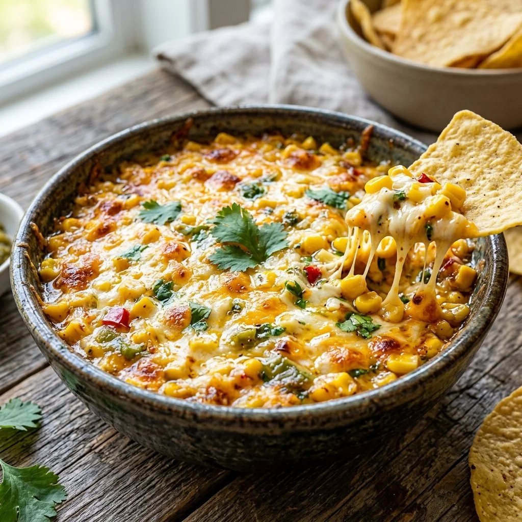 Delicious hot corn dip served with tortilla chips in a baked dish
