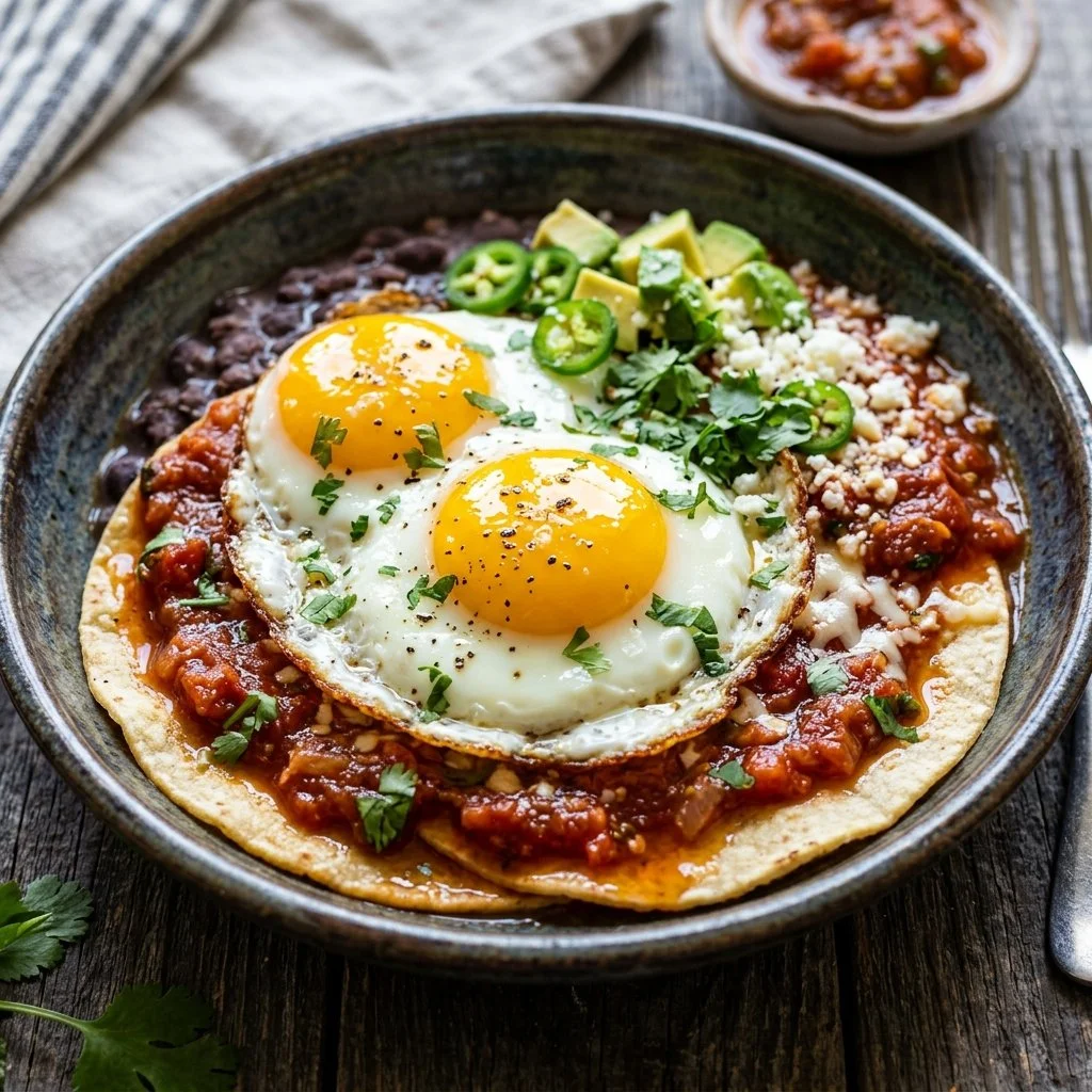 Plate of Huevos Rancheros featuring eggs, salsa, and tortillas