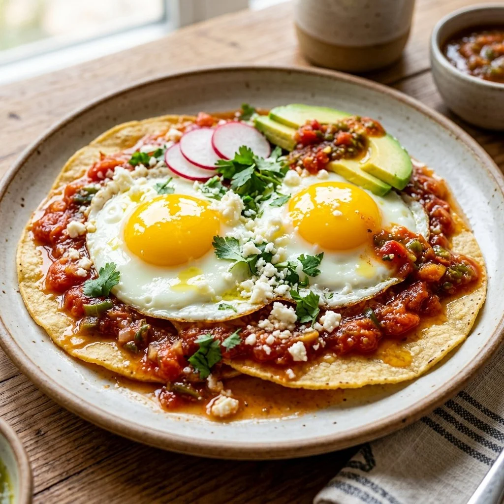 Delicious Huevos Rancheros topped with fresh salsa and avocado on a plate.