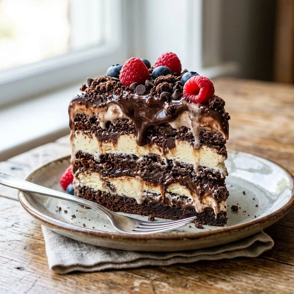 Delicious ice cream sandwich cake topped with chocolate and sprinkles