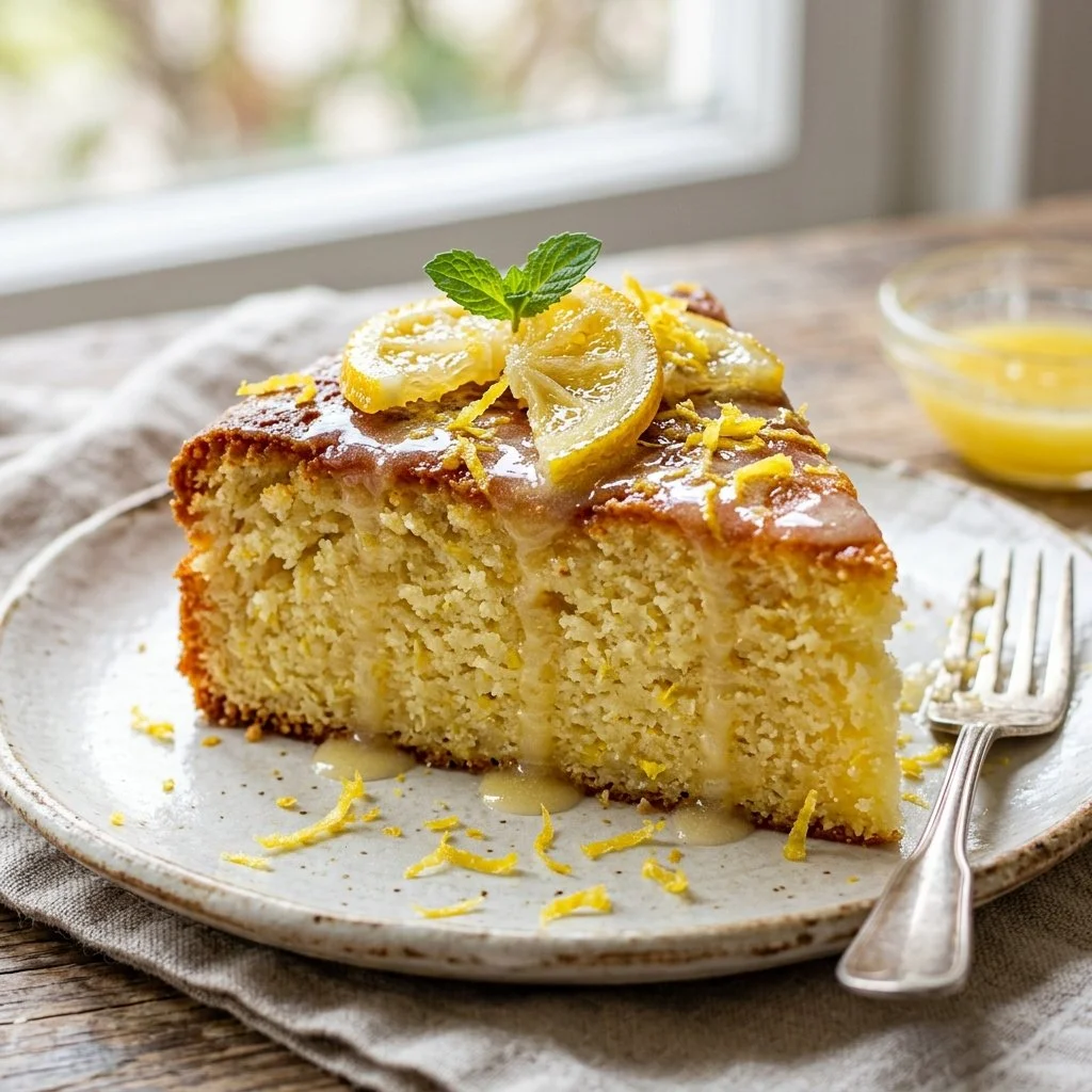 Slice of Italian Lemon Ricotta Cake with lemon zest on a plate