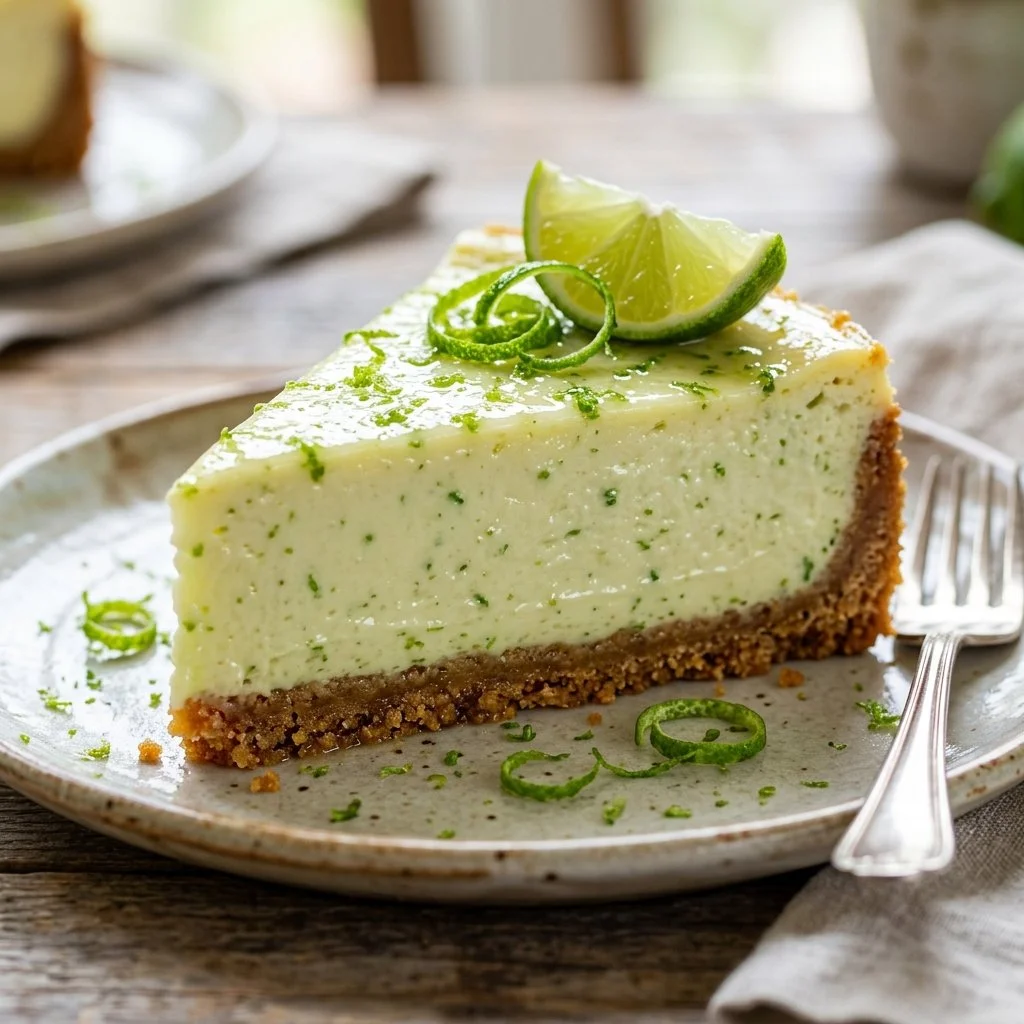 Delicious slice of Key Lime Cheesecake garnished with lime zest
