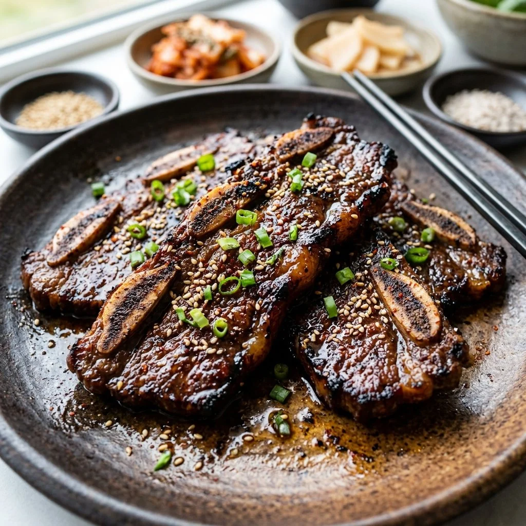 Delicious Korean BBQ short ribs marinated and ready for grilling.