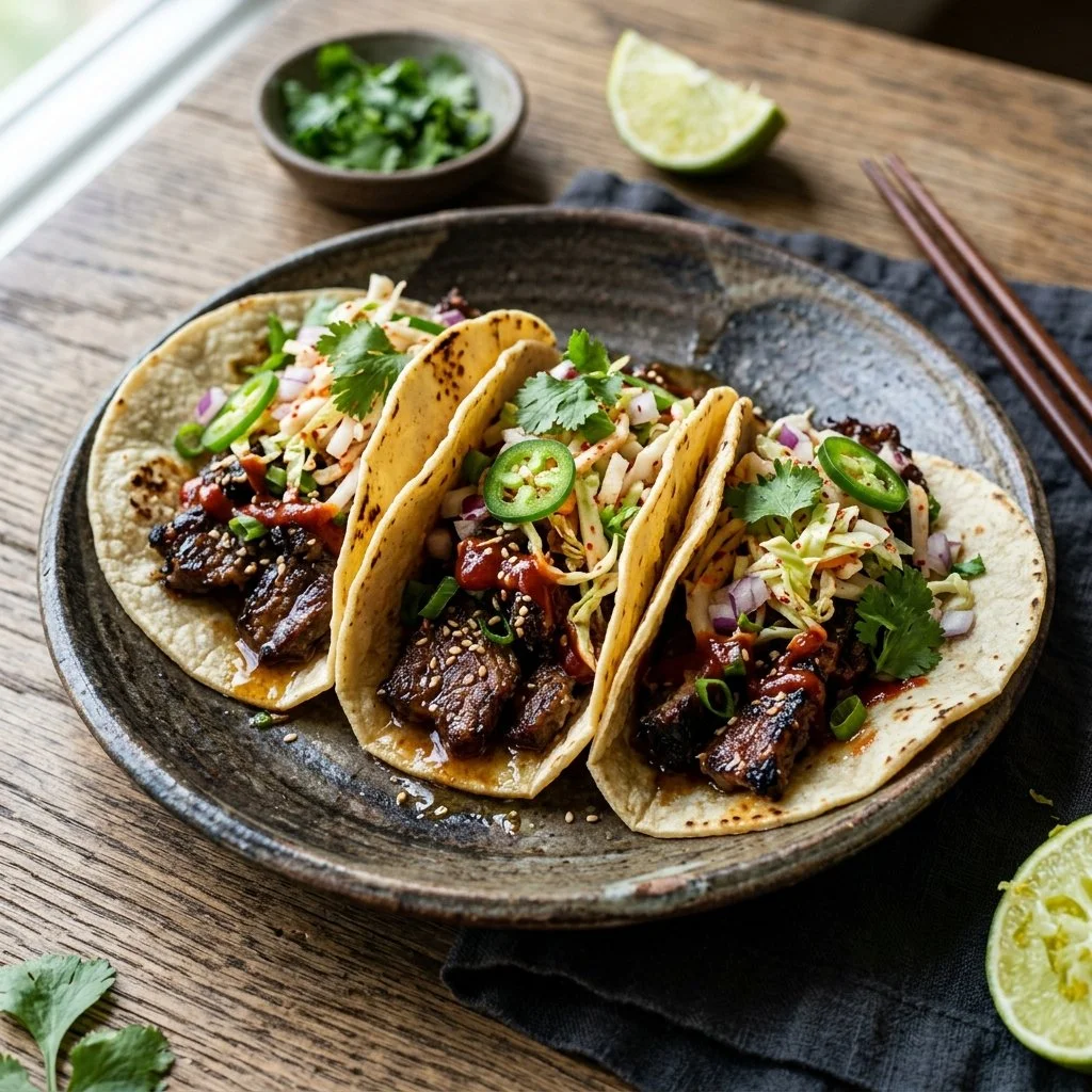 Delicious Korean beef tacos served with fresh toppings