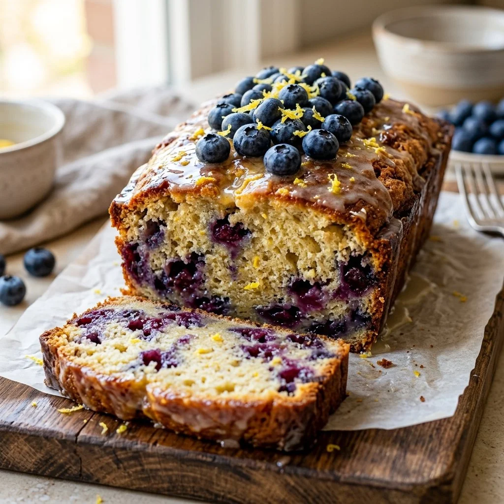 Freshly baked lemon blueberry bread with lemon zest and blueberries