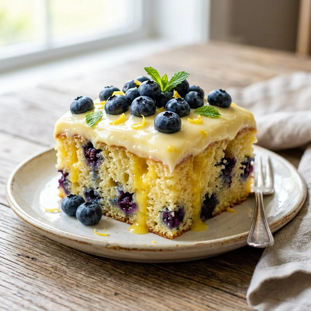 Delicious lemon blueberry poke cake topped with fresh blueberries and lemon glaze