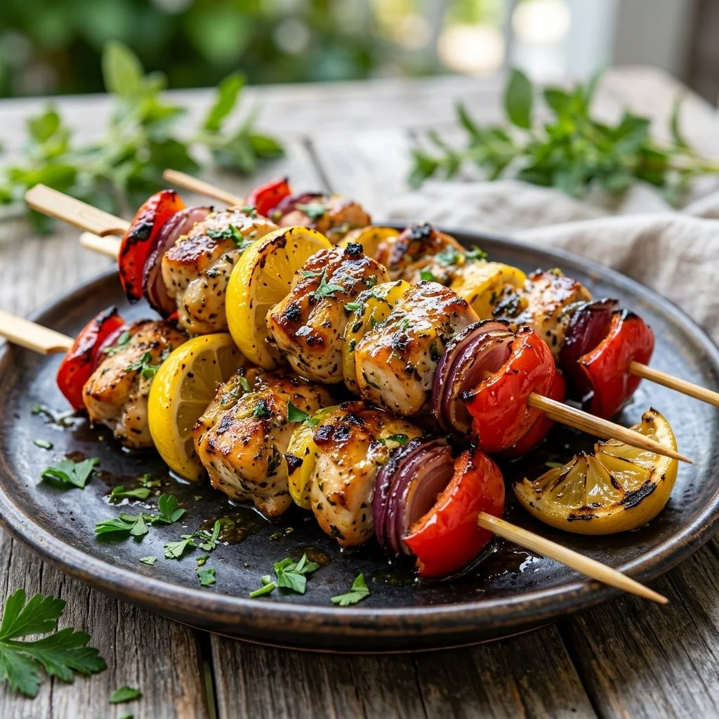 Lemon Chicken Kabobs grilled to perfection with fresh herbs and lemon zest