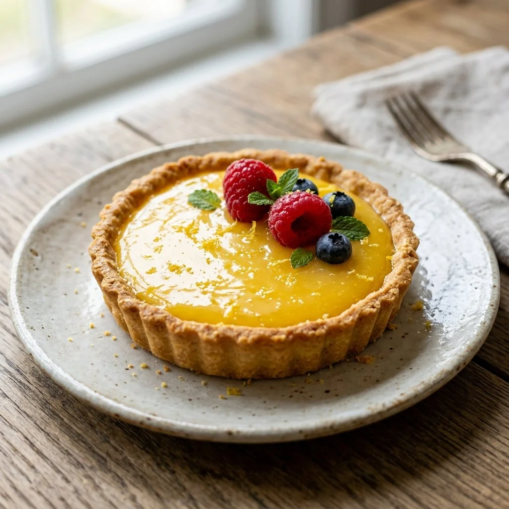 A beautifully baked lemon curd tart topped with fresh lemon slices.