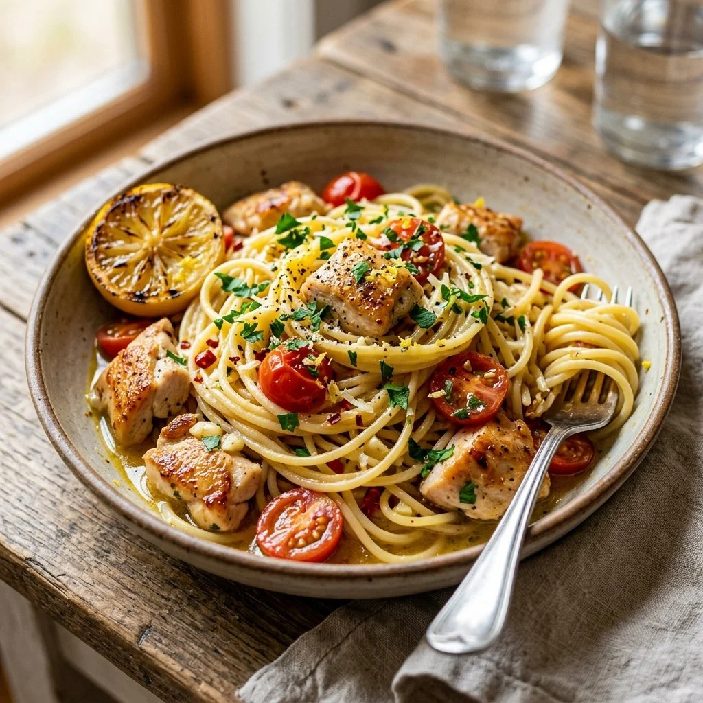 Delicious lemon garlic chicken pasta served in a bowl