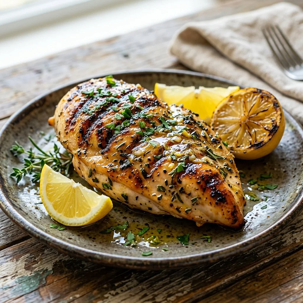 Juicy lemon herb grilled chicken garnished with fresh herbs and lemon slices