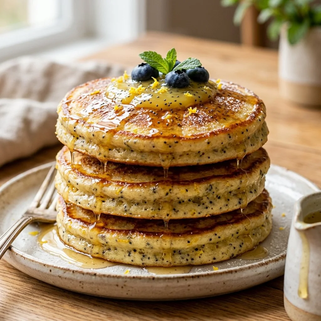 Stack of lemon poppy seed pancakes topped with lemon zest and syrup