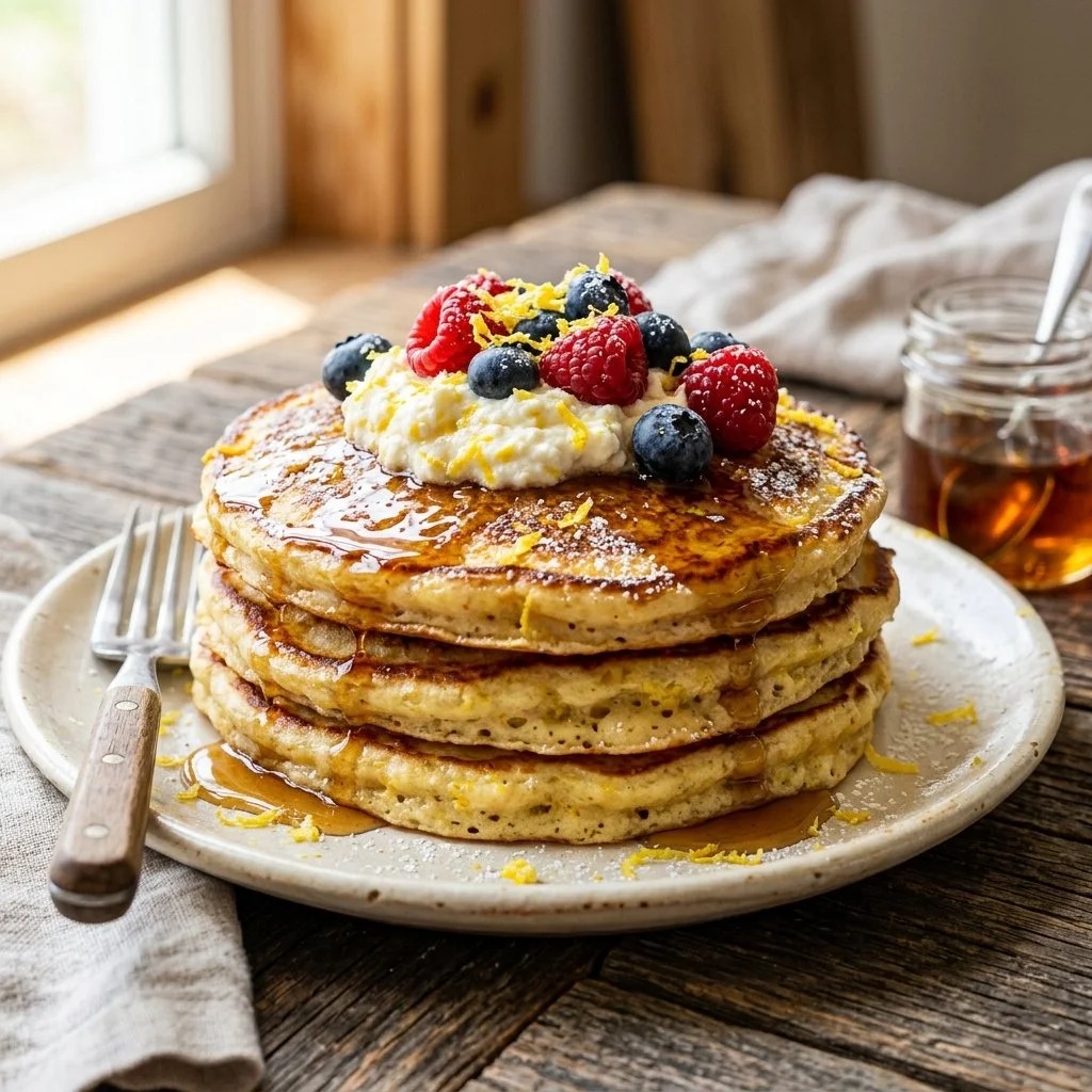 Lemon Ricotta Pancakes topped with fresh berries and syrup