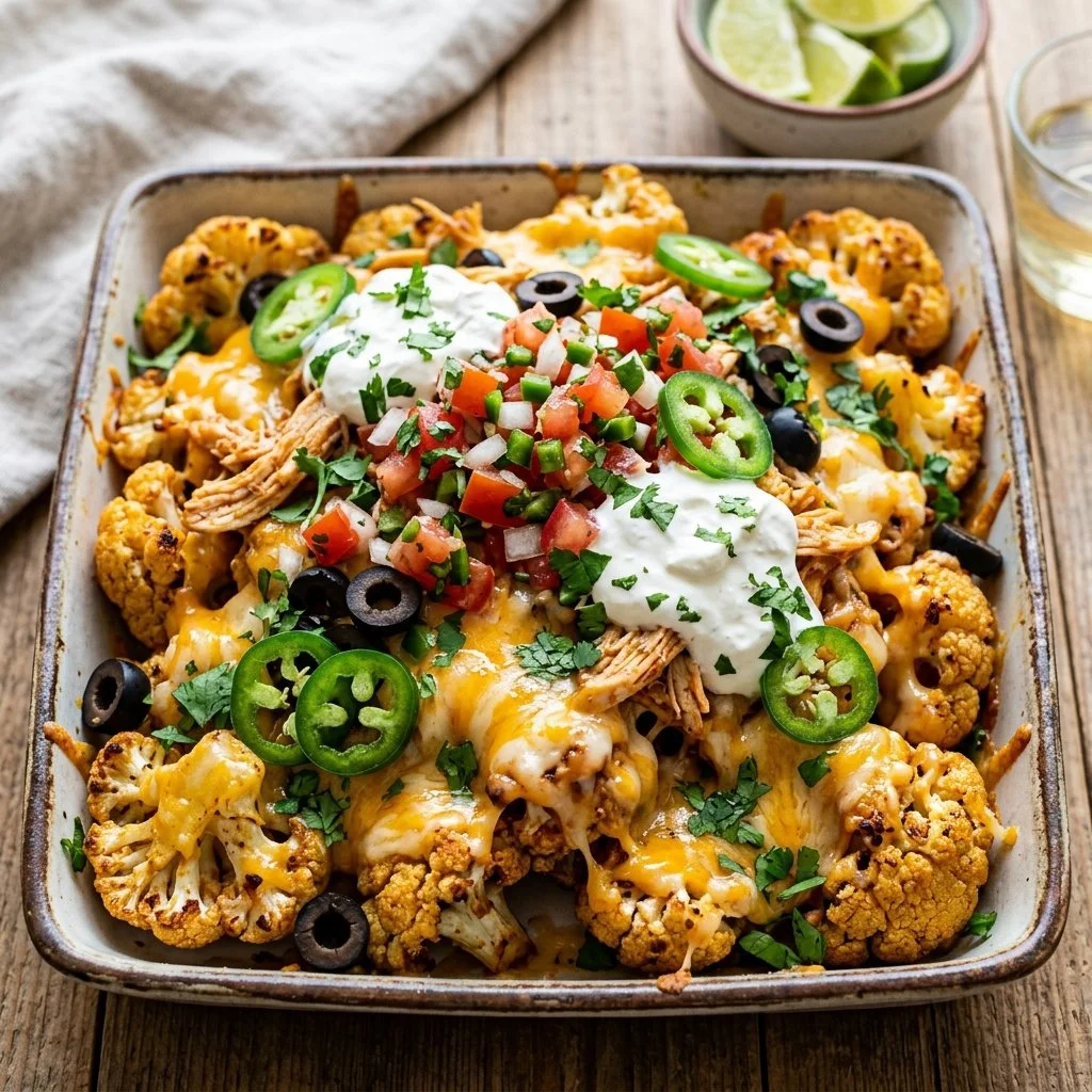 Healthy loaded cauliflower nachos topped with cheese and toppings