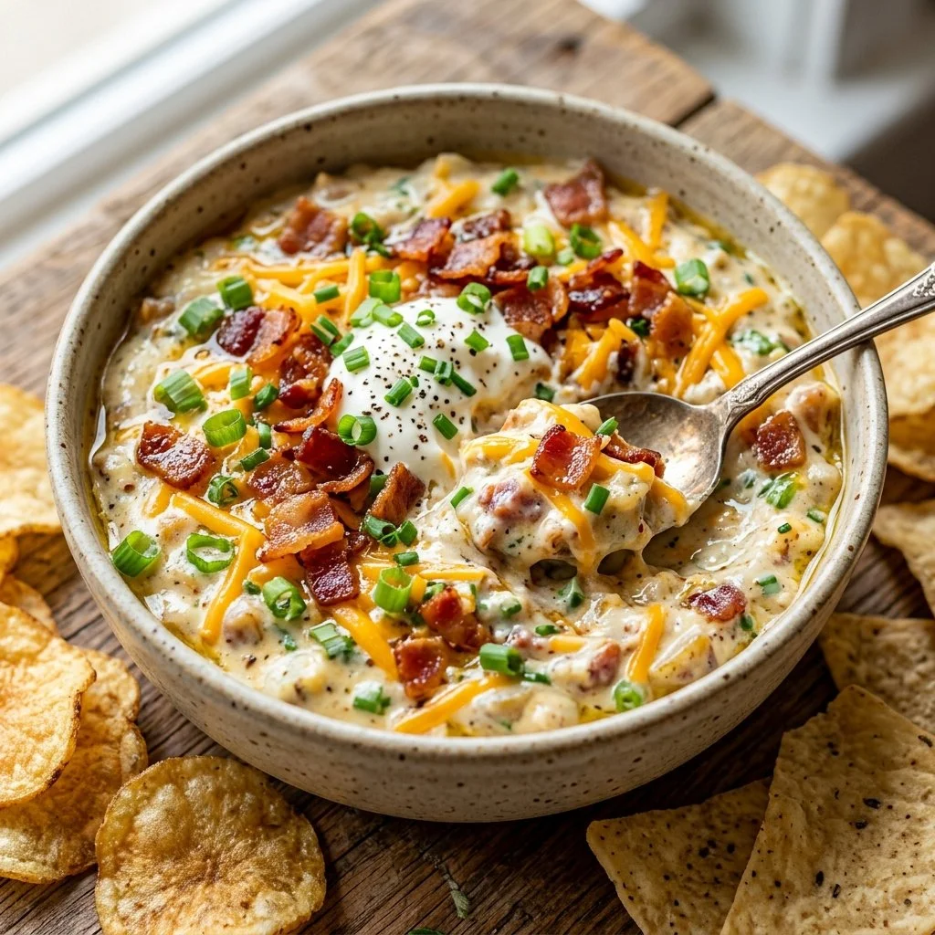 Loaded Potato Dip served in a bowl with toppings
