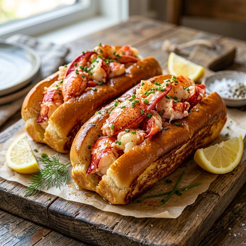 Delicious lobster roll with fresh lobster meat served in a buttered bun