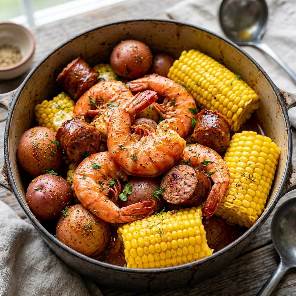Delicious Low Country Boil with shrimp, sausage, and vegetables served in a pot.