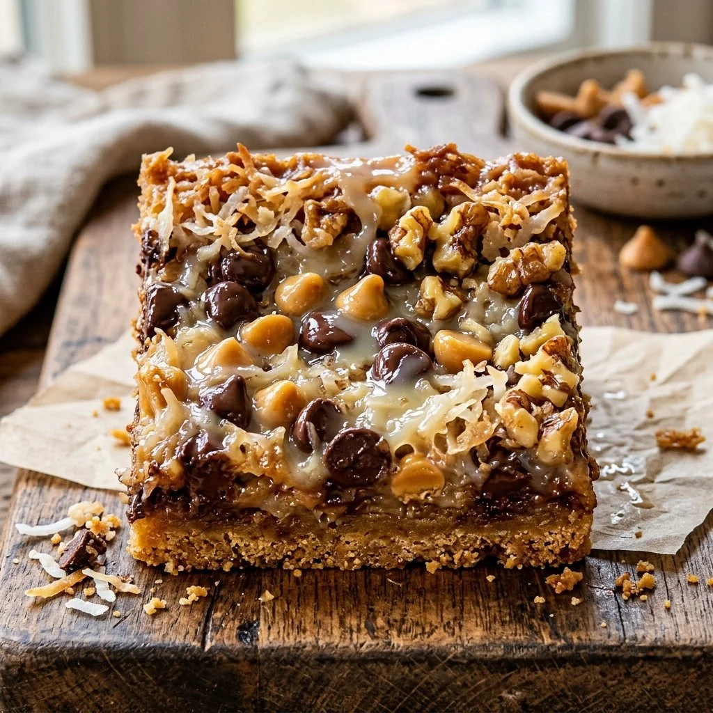 Delicious Magic Cookie Bars with chocolate, coconut, and nuts on a plate