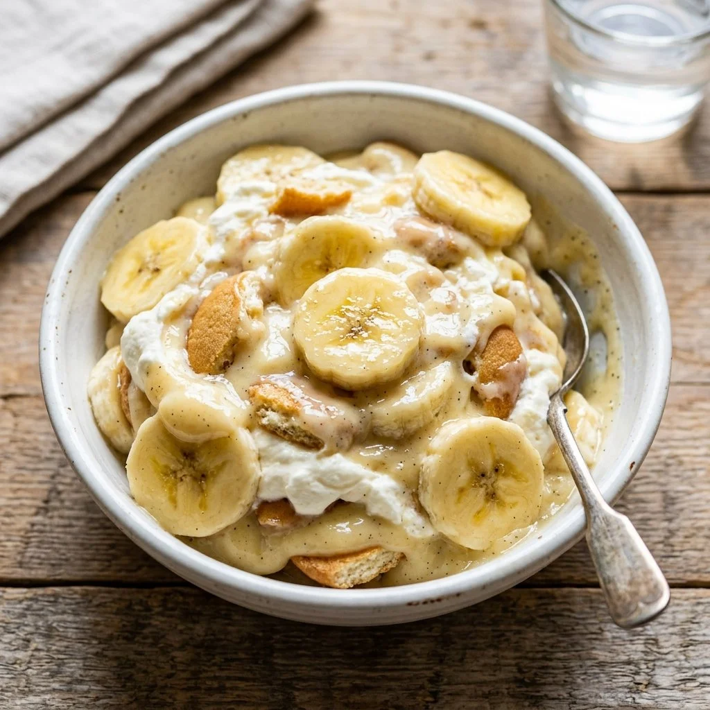 Delicious Magnolia Bakery banana pudding served in a glass dish with whipped cream