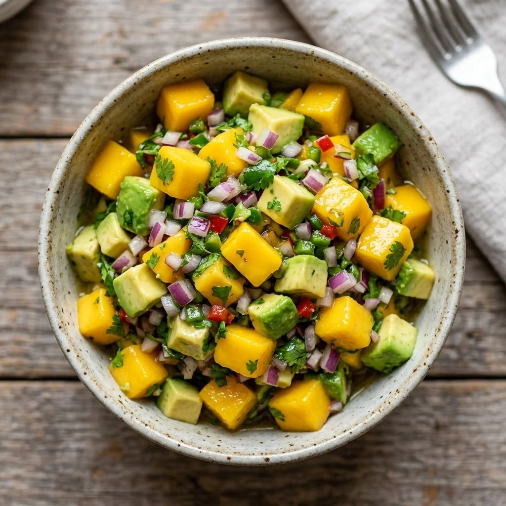 Bowl of fresh mango avocado salsa with chopped cilantro and red onion