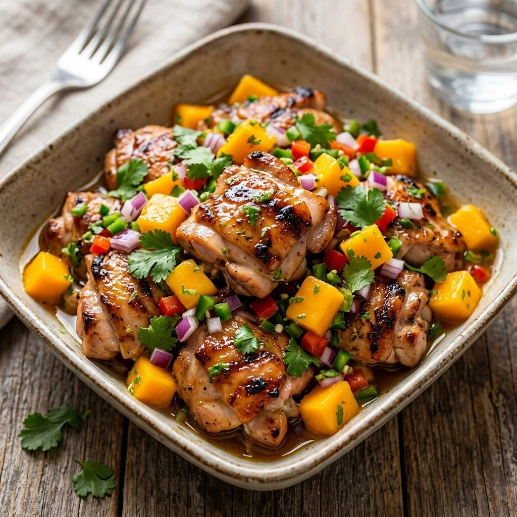 Delicious Mango Salsa Chicken dish with vibrant mango salsa topping