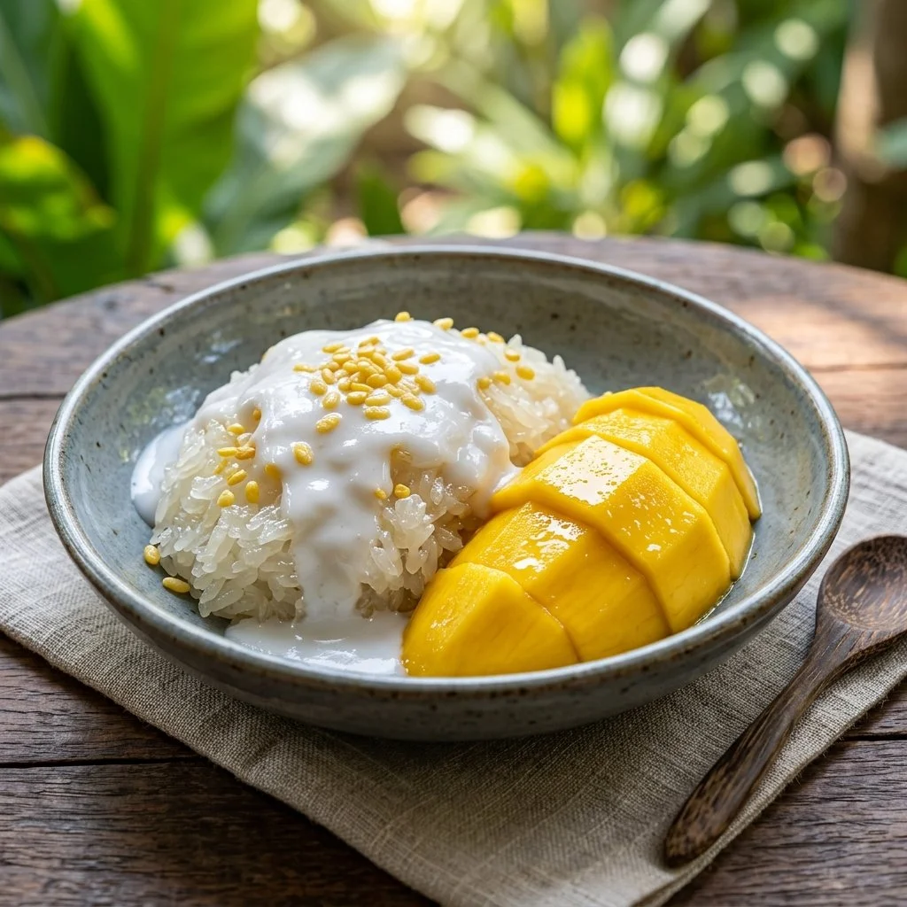 Serving of mango sticky rice with fresh mango slices and coconut sauce