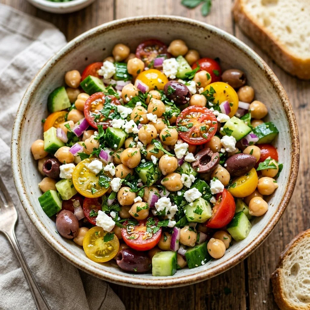 Delicious Mediterranean Chickpea Salad with fresh vegetables and herbs