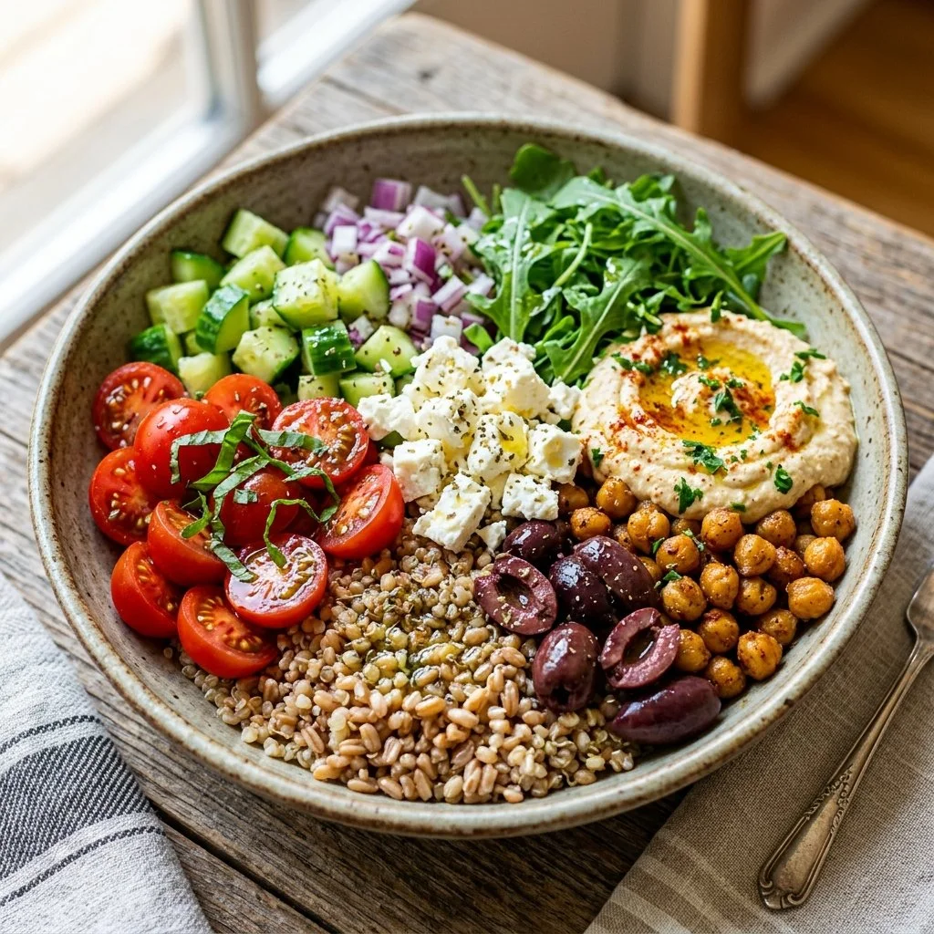 Healthy Mediterranean Grain Bowl with fresh vegetables and grains