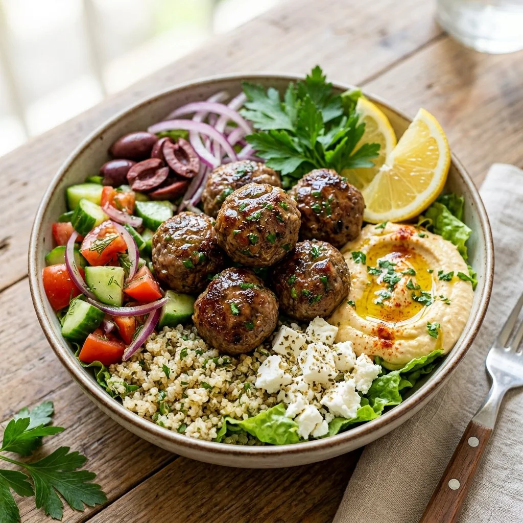 Mediterranean meatball bowls filled with fresh ingredients and vibrant flavors.