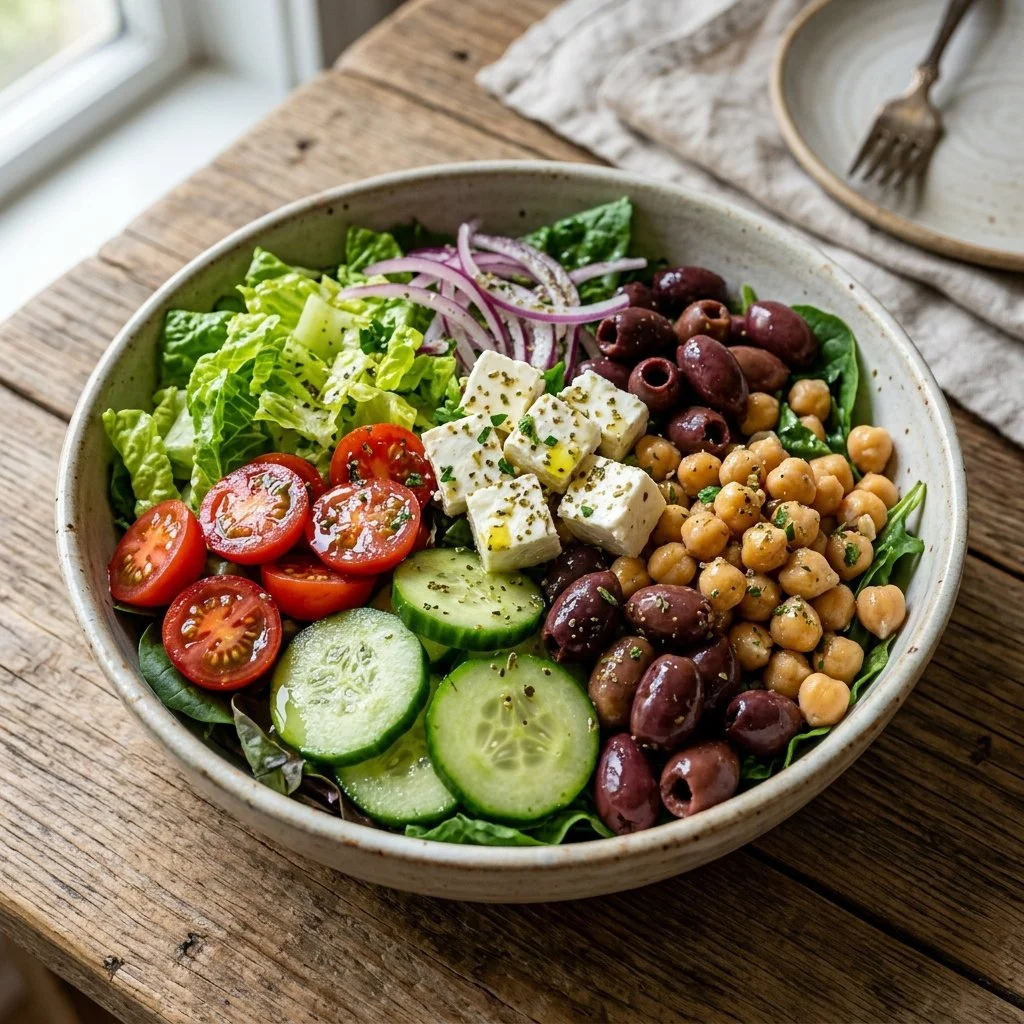 Delicious Mediterranean salad bowl with fresh vegetables and herbs
