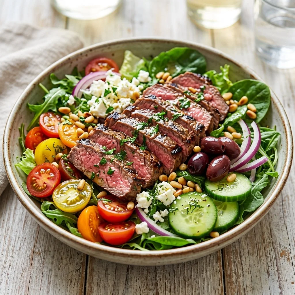 Mediterranean steak salad with fresh vegetables and vinaigrette dressing