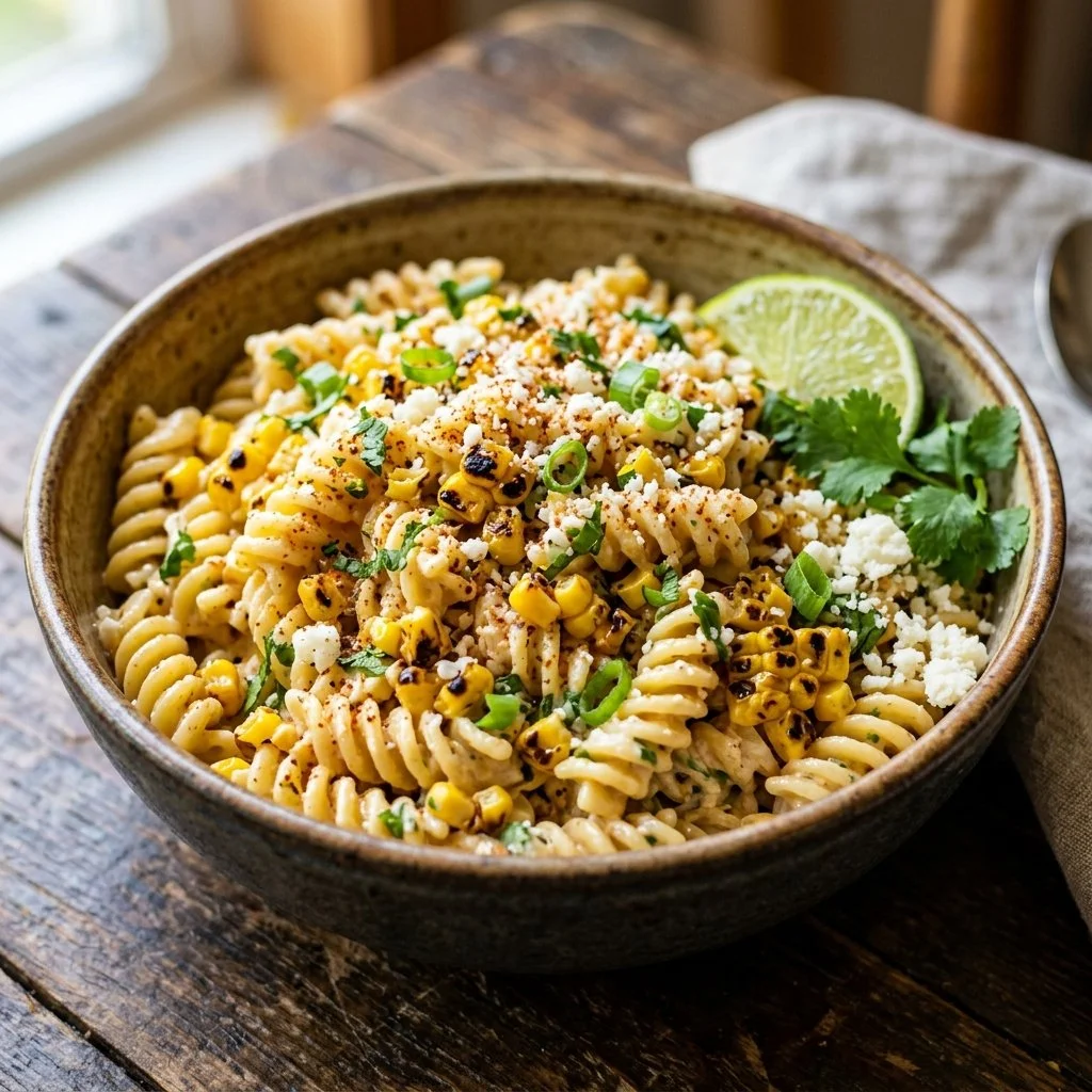 Mexican street corn pasta with creamy sauce and toppings