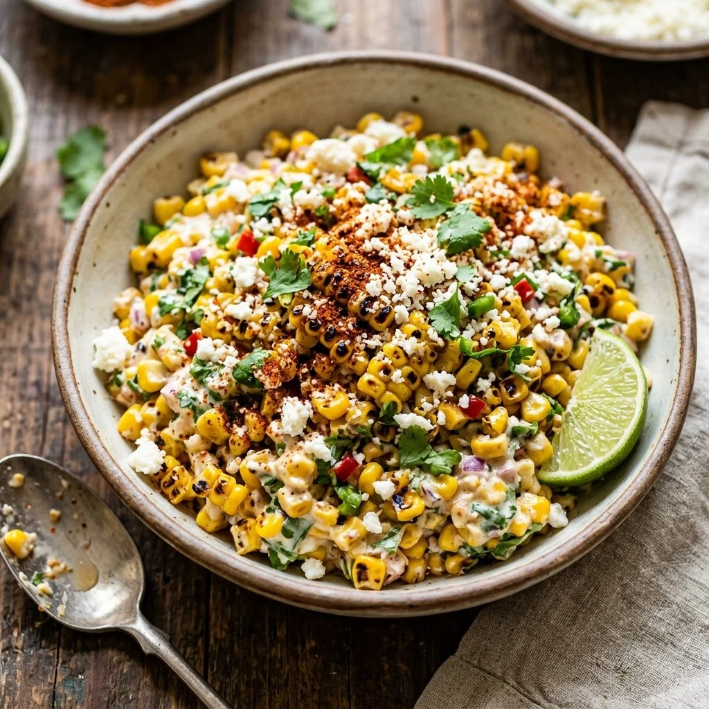 Delicious Mexican street corn salad garnished with cilantro and lime.