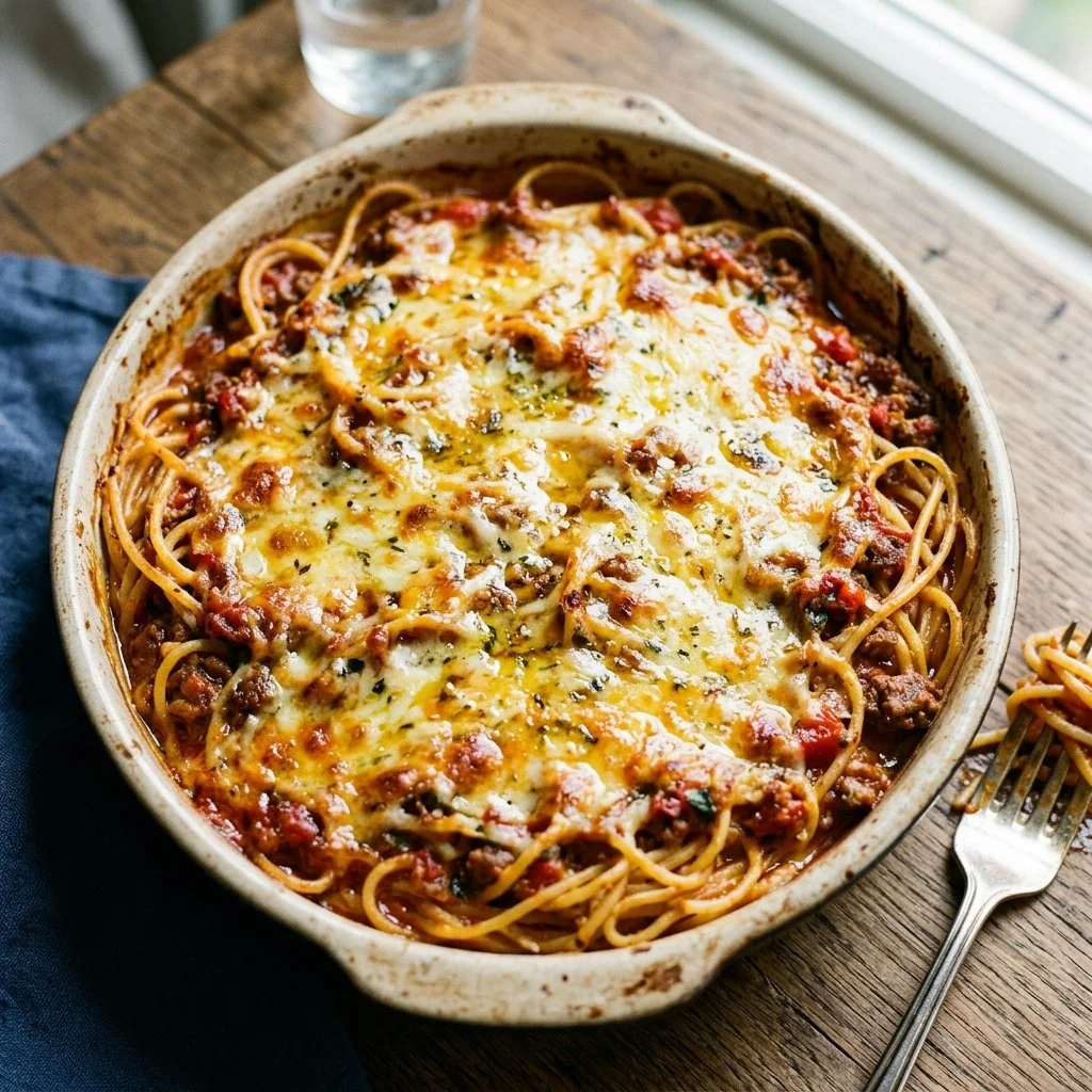 A plate of Million Dollar Spaghetti topped with cheese and herbs.