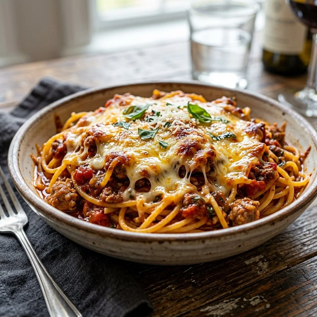 Delicious Million Dollar Spaghetti served with fresh herbs and cheese