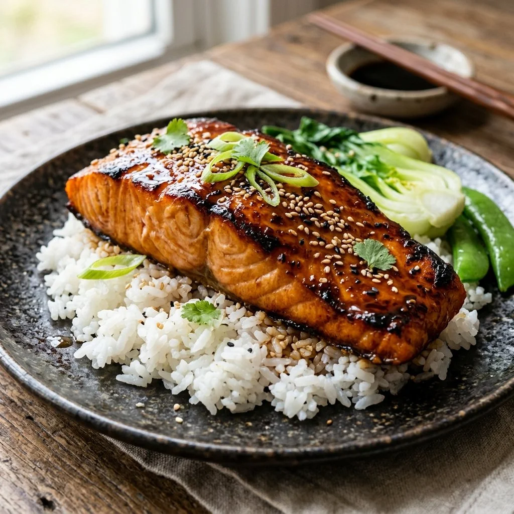 Delicious miso glazed salmon garnished with green onions on a plate