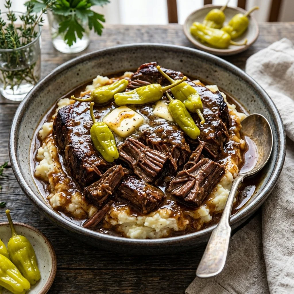 Delicious Mississippi Pot Roast served with vegetables and garnished.