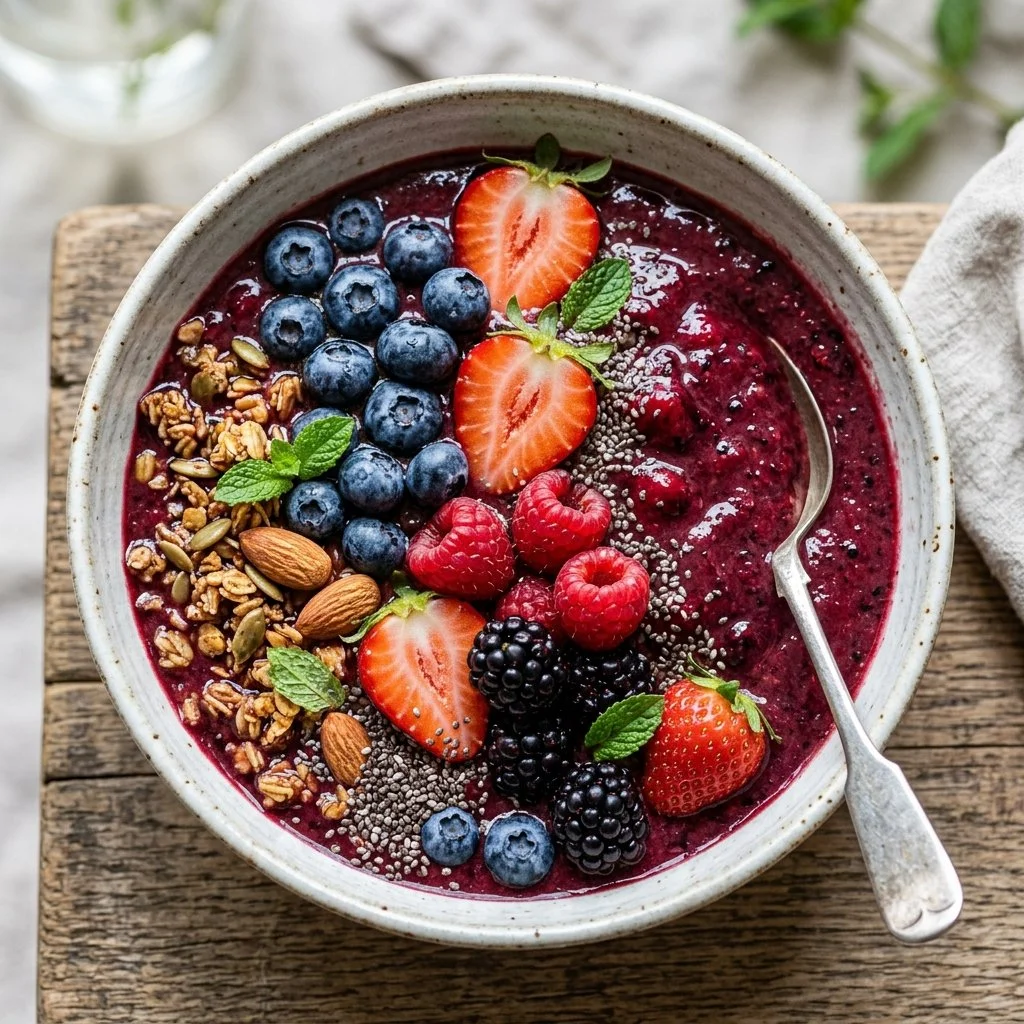 Delicious mixed berry smoothie bowl topped with fresh fruits and granola.