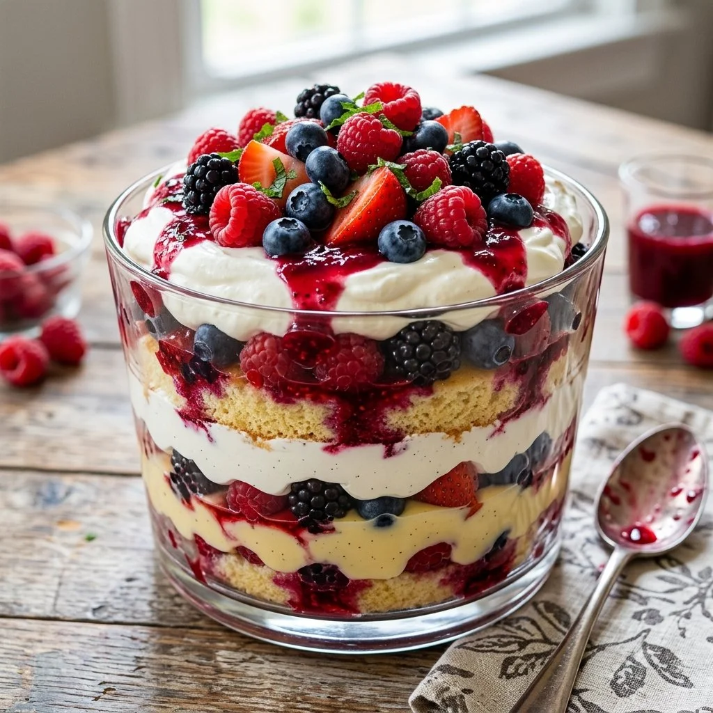 Delicious mixed berry trifle with layers of fresh berries and creamy filling