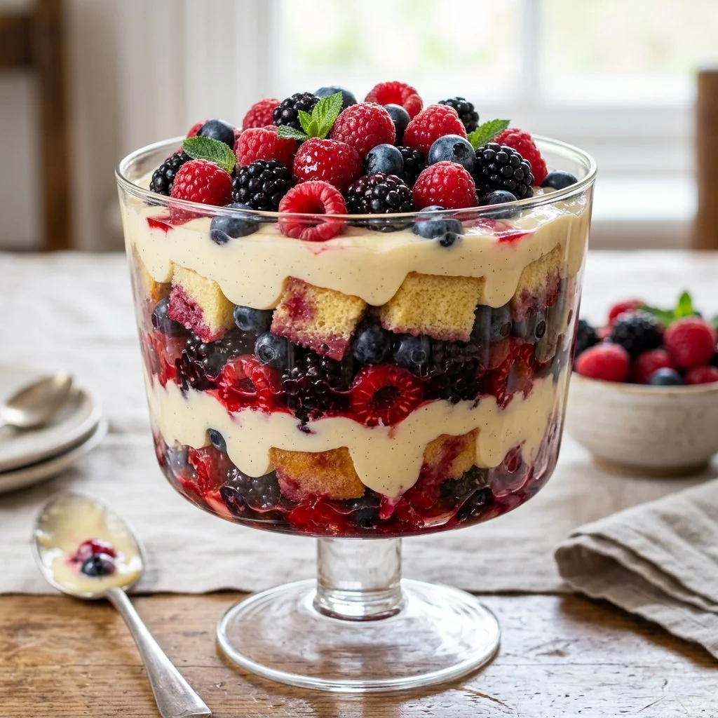 Delicious mixed berry trifle layered with fresh berries and cream.