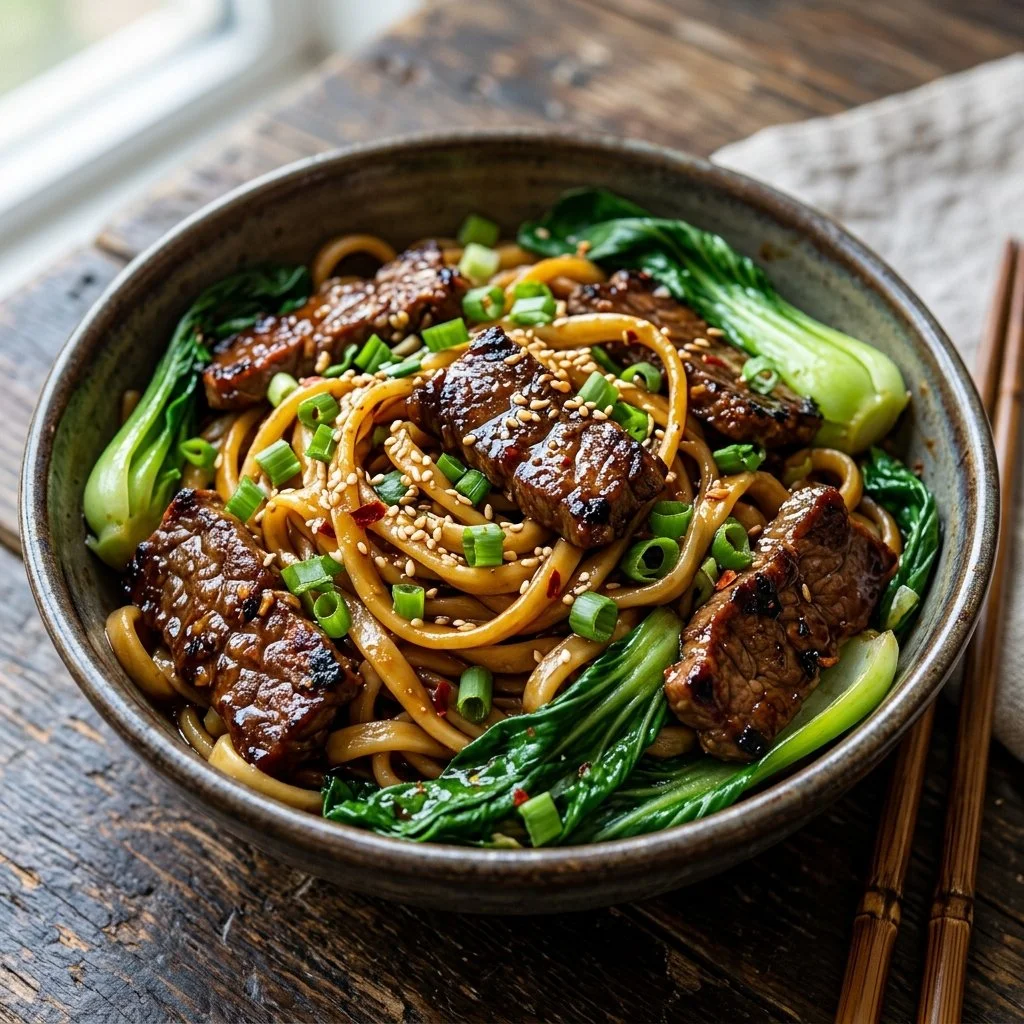 Delicious plate of Mongolian Beef Noodles with tender beef and savory sauce.
