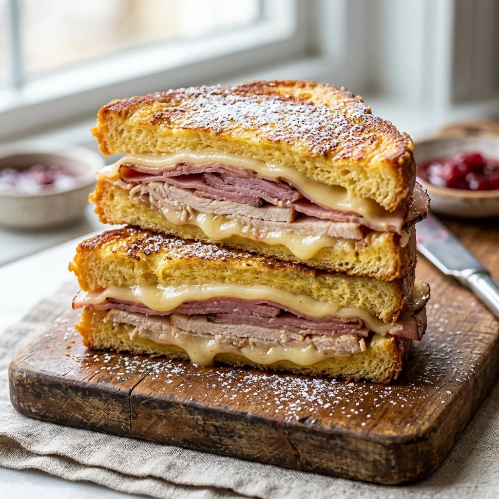 Monte Cristo sandwich with layers of ham, turkey, and melted cheese, served on golden bread.